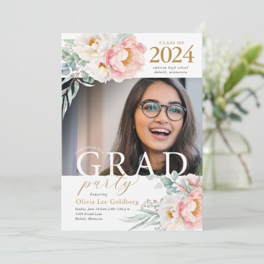 Elegante Blumenklasse 2023 Grad Party Einladung (Stehend Vorderseite)