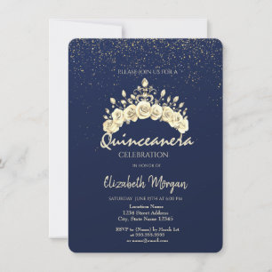 Elegante Blumenkrone Navy Blau Gold Quinceañera  Einladung