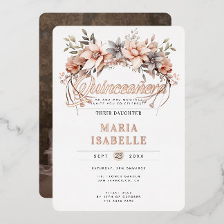 Elegante Blumenkrone Quinceñera Party Rose Gold Folieneinladung