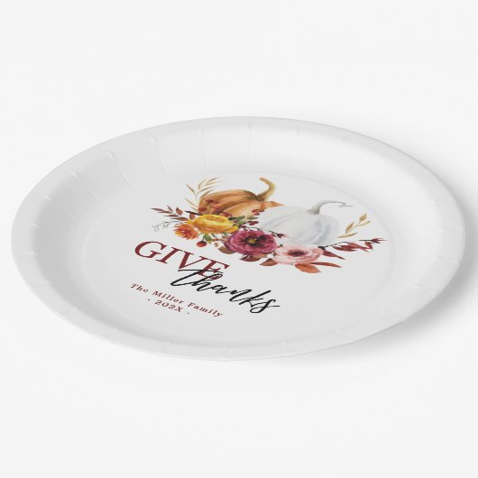 Elegante Blumenkürbis danken Pappteller (Schrägansicht)