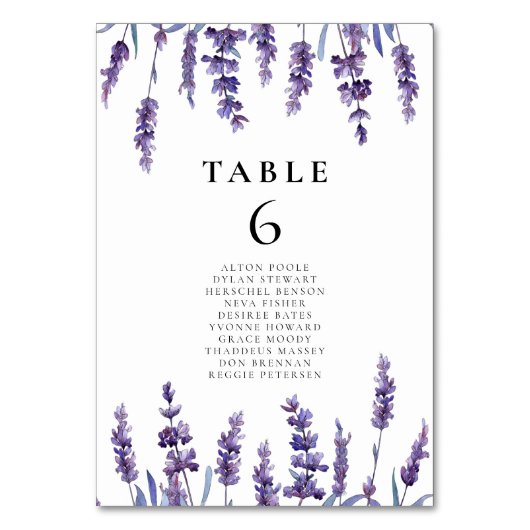 Elegante Blumenlavender Hochzeitstorte Tischnummer (Vorderseite)