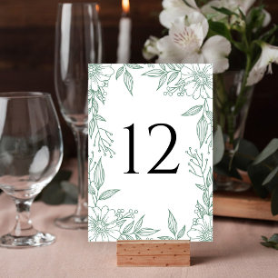 Elegante Blumenlinie Zeichnend Grüne Hochzeit Tischnummer
