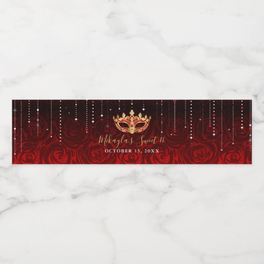 Elegante Blumenmaske und Rote Rosen mit Goldmasque Wasserflaschenetikett (Einzelnes Label)
