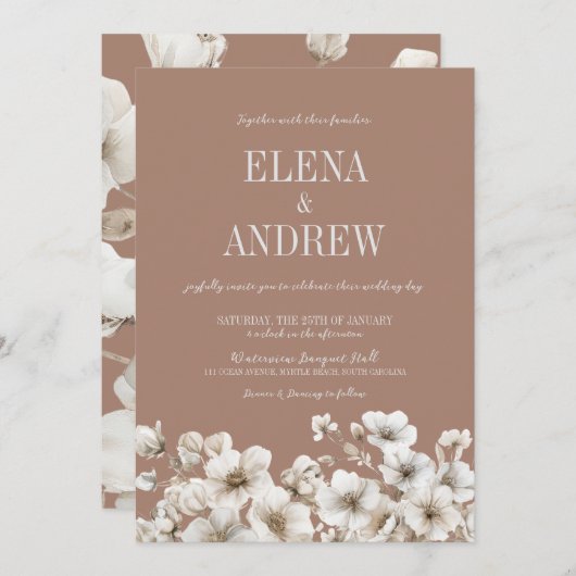 Elegante Blumenmocha Brown und White Wedding Einladung (Vorne/Hinten)