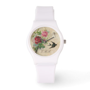 Elegante Blumenmonogramm-Rosa-Rosen-Vogel-Libelle Armbanduhr