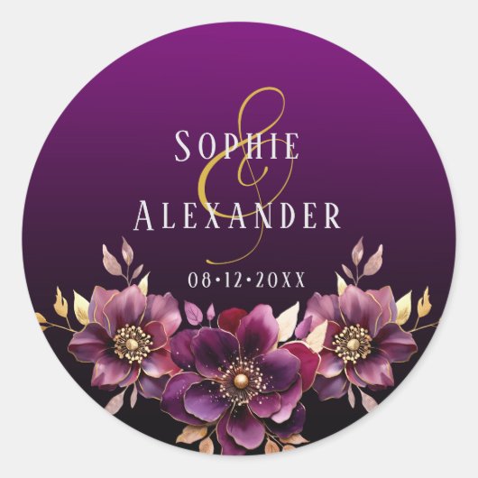 Elegante Blumennamen Datum Hochzeitsticker Runder Aufkleber (Vorderseite)