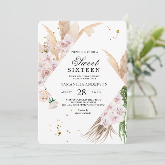 Elegante Blumenorchideen & Pampas Schönheitsrahmen Einladung (Stehend Vorderseite)