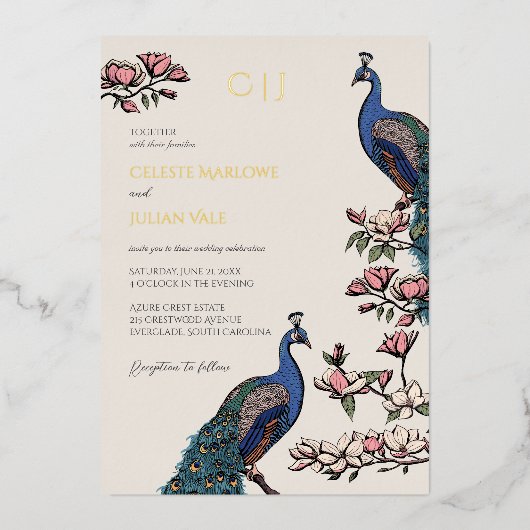 Elegante Blumenpfauenhochzeit Folieneinladung (Vorderseite)