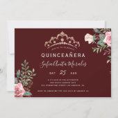Elegante Blumenprinzessin Tiara burgundy Quinceane Einladung (Vorderseite)