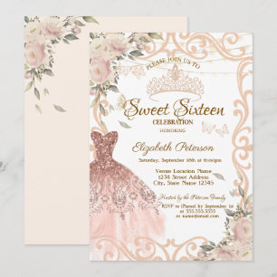 Elegante Blumenrahmenkleid Schmetterlinge Sweet 16 Einladung