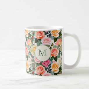 Elegante Blumenrosen Monogramm hübsche Blumen Kaffeetasse
