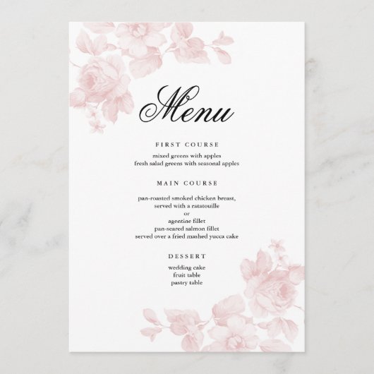 Elegante Blumenschrift Hochzeit Menükarte (Vorderseite)