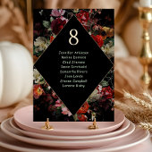 Elegante, blumenschwarze Hochzeitssitze Tischnummer