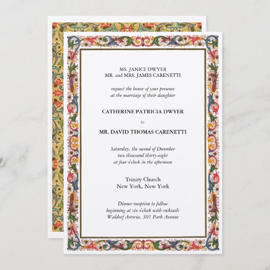 Elegante Blumenstrasse Blue & Gold Hochzeit Einladung (Vorne/Hinten)