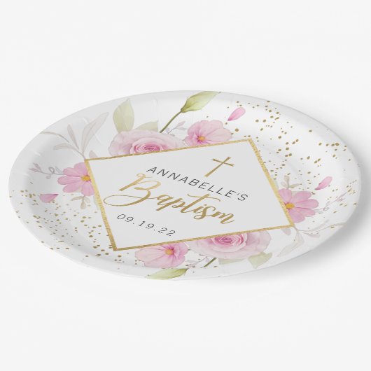 Elegante Blumentaufe Pappteller (Schrägansicht)