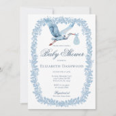 Elegante Blumentoile Frame Blue Stork Baby Dusche Einladung (Vorderseite)