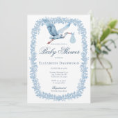 Elegante Blumentoile Frame Blue Stork Baby Dusche Einladung (Stehend Vorderseite)