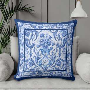 Elegante Blumenvase Blue Toile de jouy monogram Kissen