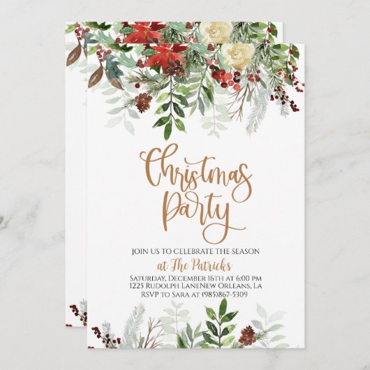 Elegante Blumenweihnachtszeit-Party Einladung (Vorne/Hinten)