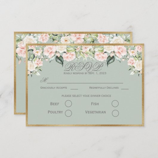 Elegante Blumenzage Green Gold Script Hochzeit RSV RSVP Karte (Vorne/Hinten)