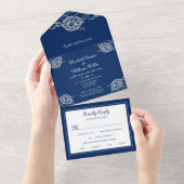 Elegante Blumenzange auf Blue Wedding All In One Einladung (Abreißen)