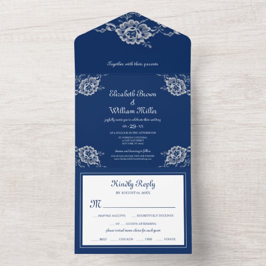 Elegante Blumenzange auf Blue Wedding All In One Einladung (Innen Boden)