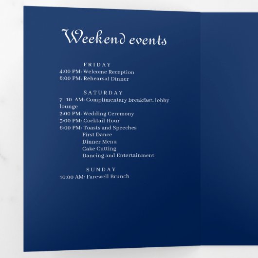 Elegante Blumenzange auf Blue Wedding Dreifach-gefaltete Programmkarte (Innen Erste Seite)