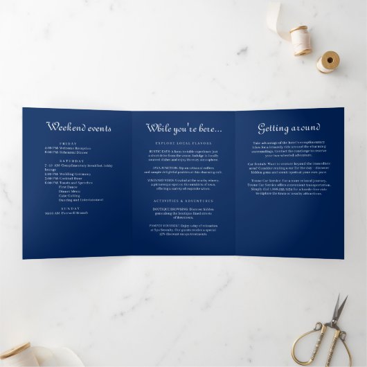 Elegante Blumenzange auf Blue Wedding Dreifach-gefaltete Programmkarte (Innenseite)