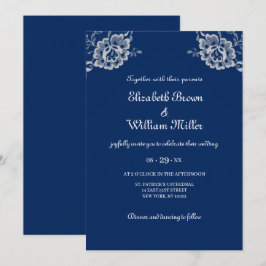 Elegante Blumenzange auf Blue Wedding Einladung