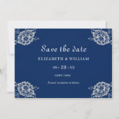 Elegante Blumenzange auf Blue Wedding Save The Date (Vorderseite)