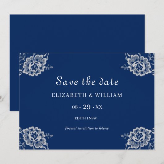 Elegante Blumenzange auf Blue Wedding Save The Date (Vorne/Hinten)