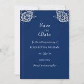 Elegante Blumenzange auf Blue Wedding Save The Date (Vorderseite)