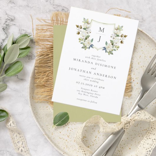 Elegante Blumenzwiebeleien mit grünem Wappen Einladung