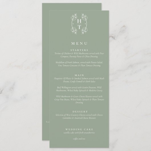 Elegante Blumenzwiebeln Monogram Sage Green Weddin Menükarte (Vorne/Hinten)