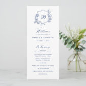 Elegante Blumenzwiebeln Wappen Monogram Blue Weddi Programm (Stehend Vorderseite)