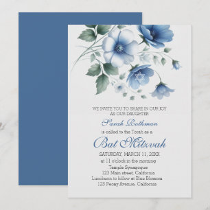 Elegante blumige blaue Mädchen Bat Mitzwa Einladung