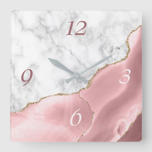 Elegante Blush Agate Gold Glitzer Marmor Quadratische Wanduhr (Vorderseite)