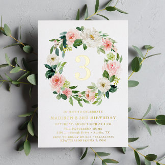 Elegante Blush and White Floral Geburtstagsparty Folieneinladung