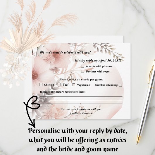 Elegante Blush & Beige Boho Blumenhochzeit RSVP Karte