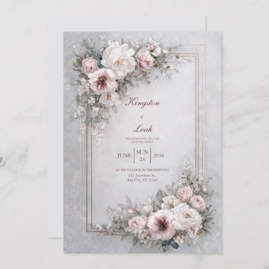Elegante Blush Bloral Frame Wedding Einladung (Vorne/Hinten)