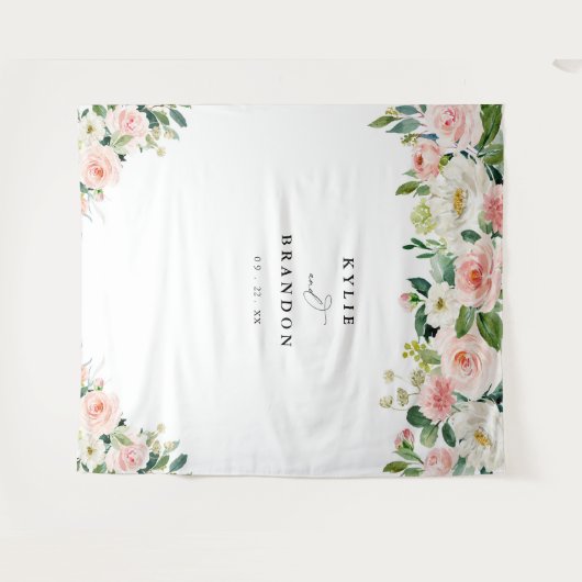 Elegante Blush Bloral Script Engagement Party Wandteppich (Vorderseite (Horizontal))