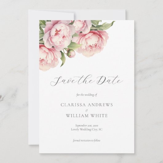 Elegante Blush Bloral Weiß Moderne Hochzeit Save The Date (Vorderseite)