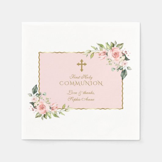 Elegante Blush Blume Gold Cross Heilige Kommune Serviette (Vorderseite)