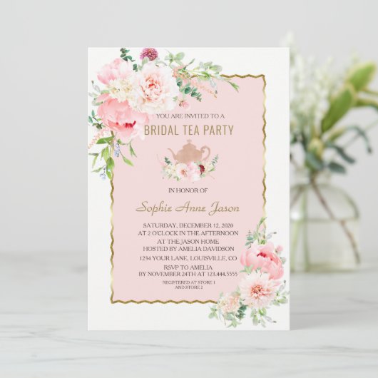 Elegante Blush Blume Gold Frame Bridal Tea Party Einladung (Stehend Vorderseite)