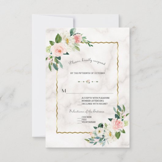 Elegante Blush Blume Hochzeit Gold Marmor RSVP Karte (Vorderseite)