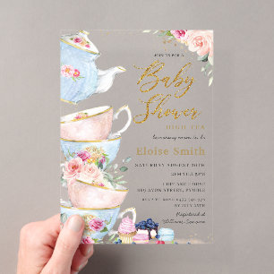 Elegante Blush-Blumen-High-Tea-Party-Baby-Shower Acryleinladungen
