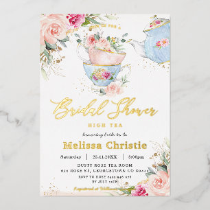Elegante Blush-Blumen-High-Tea-Party-Brautabschied Folieneinladung