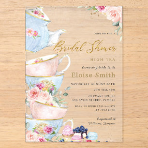 Elegante Blush-Blumen-High-Tea-Party-Brautjungfern Acryleinladungen