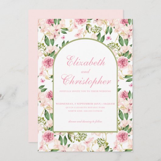 Elegante Blush Blumengarten Hochzeit Einladung (Vorne/Hinten)