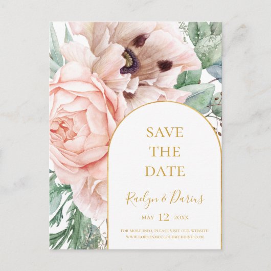 Elegante Blush Blumengarten Save the Date Postkart Einladungspostkarte (Vorderseite)